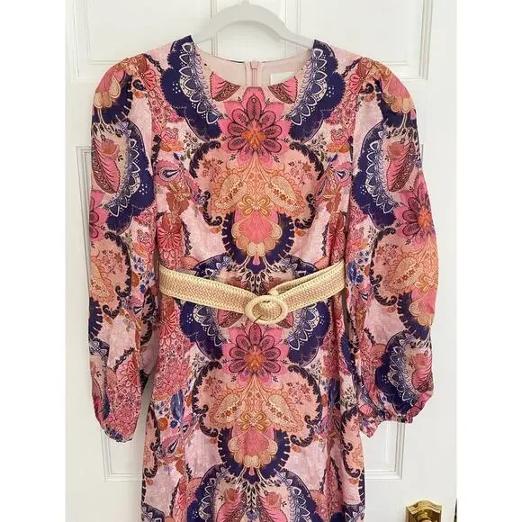 Zimmermann Laurel Billow Belted Puff Sleeve Midi Linen Dress Pink Purple - Picture 9 of 16